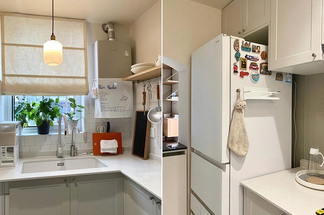 Để tối đa hóa vẻ đẹp và tính thực dụng của căn bếp, gia chủ đã thiết kế bố cục hình chữ U, tông màu tổng thể chủ yếu là màu trắng
