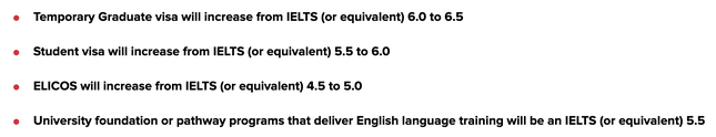 Yêu cầu về mức điểm IELTS tối thiểu cho từng loại thị thực cũng tăng 0.5 mỗi mục.