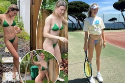 Người đẹp tennis Bouchard mặc bikini làm vườn và chơi tennis