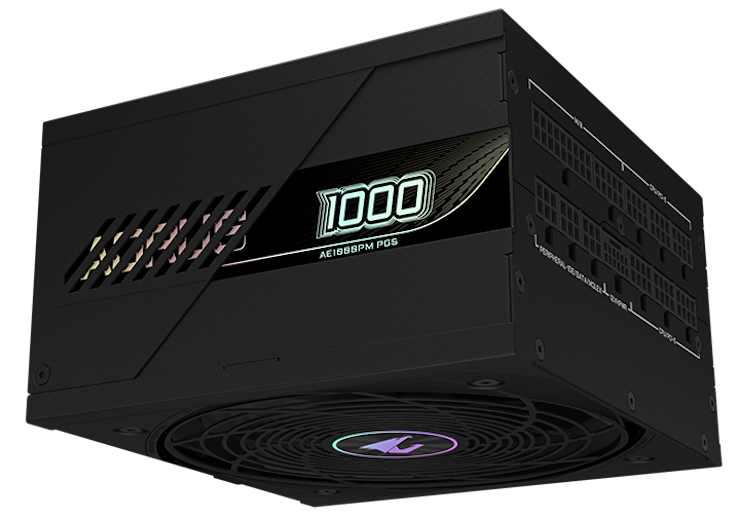 Aorus Elite P1000W 80+ Platinum Modular PCIe 5.0 đi kèm một tấm từ tính với hiệu ứng ánh kim đẹp mắt.