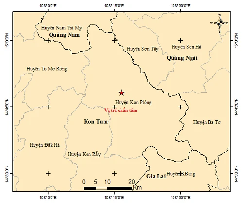 Bản đồ tâm chấn một trận động đất xảy ra tại huyện Kon Plông. Ảnh: Viện Vật lý địa cầu.