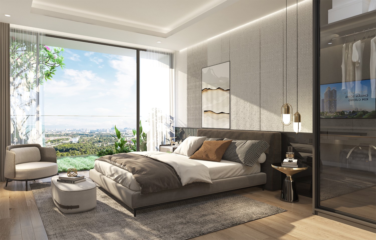 Ngay bên ngoài giường ngủ là khu ban công xanh mướt với tầm view vô cực (Ảnh: Charm Group)