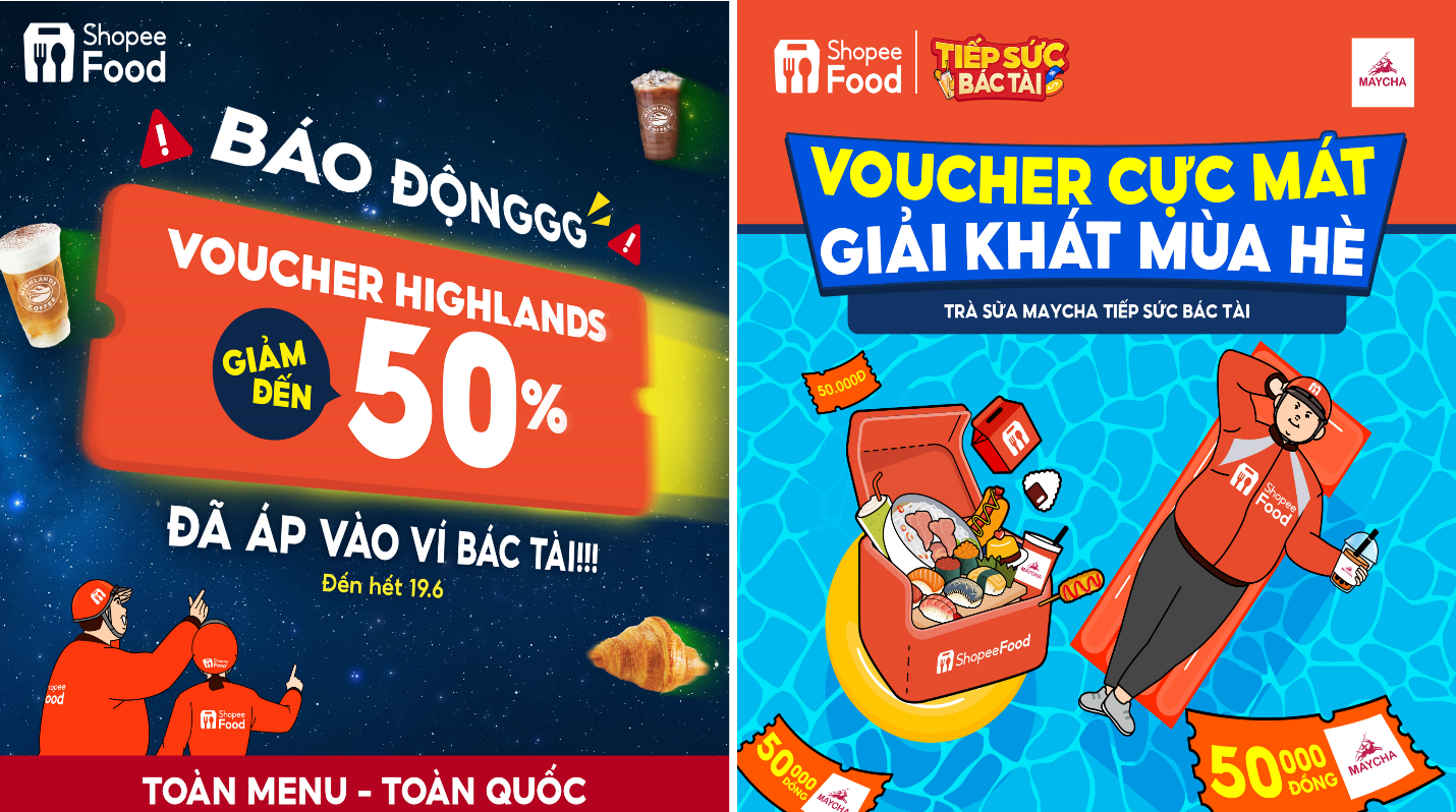 Highlands Coffee & MayCha gửi tặng bộ sưu tập voucher “mát lòng, mát dạ” giúp các Bác Tài ShopeeFood nạp thêm năng lượng sau những chuyến giao hàng vất vả.