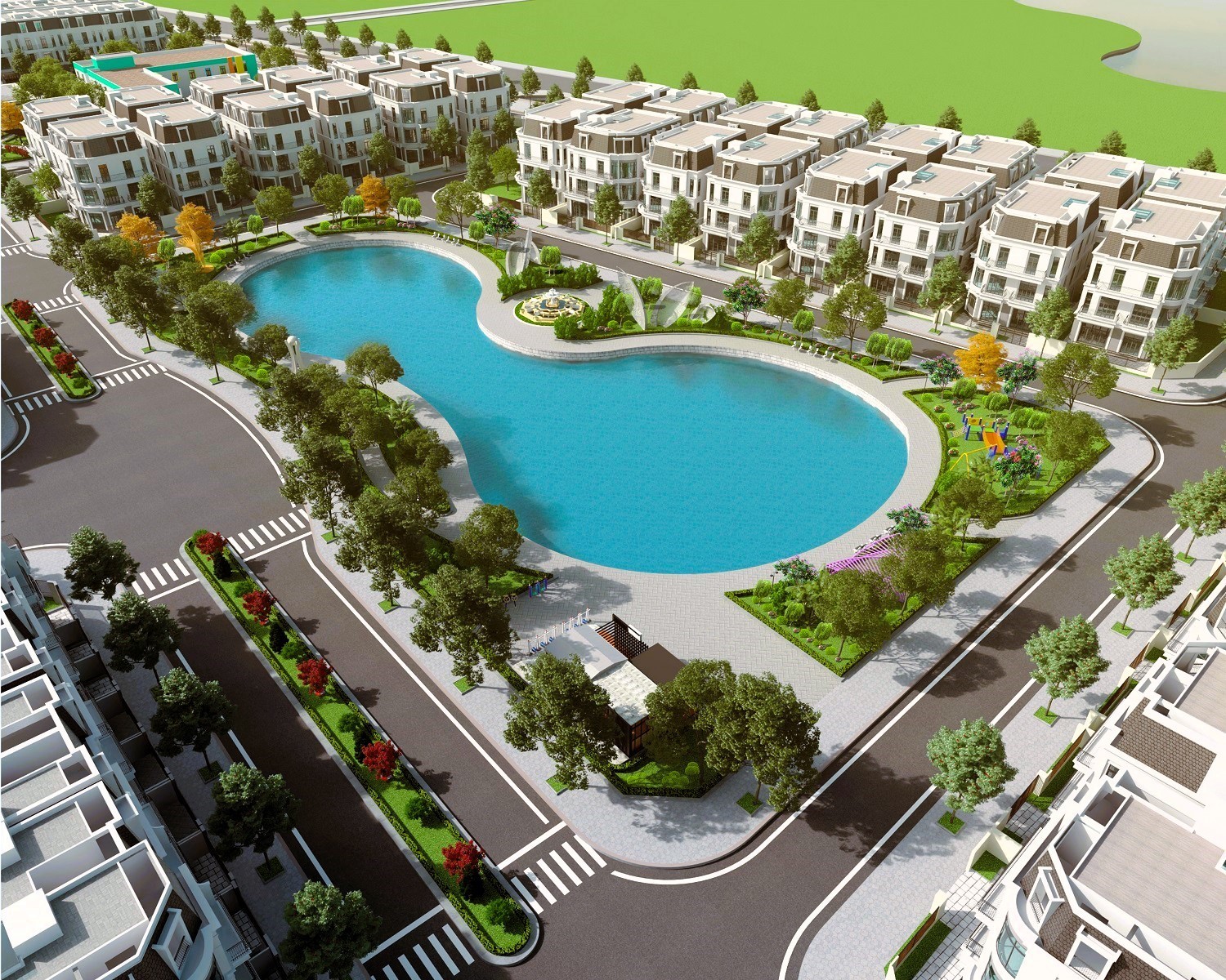 Phối cảnh khu Biệt thự nằm ngay sát hồ điều hòa rộng 3220 m2 – Lá phổi xanh trong khu đô thị