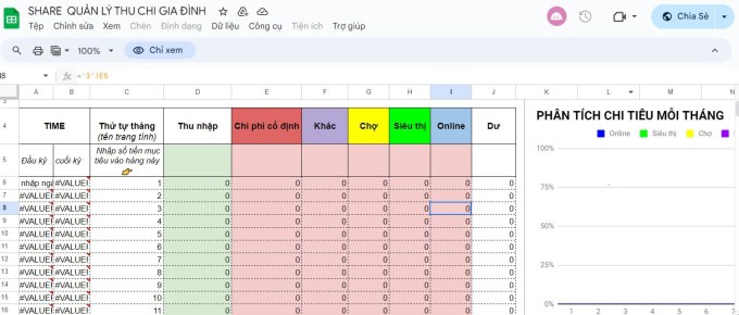 File excel của Huyền để quản lý chi tiêu gia đình.