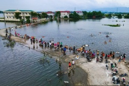 Tin tức trong ngày - Cánh đồng, đường làng thành nơi nhào lộn, bơi lội những ngày ngập lụt