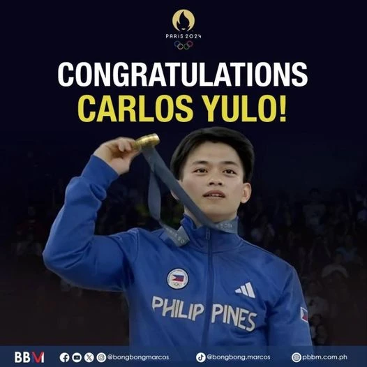 Tấm hình trên trang Facebook của Tổng thống Ferdinand Marcos Jr đăng chúc mừng Carlos Yulo.