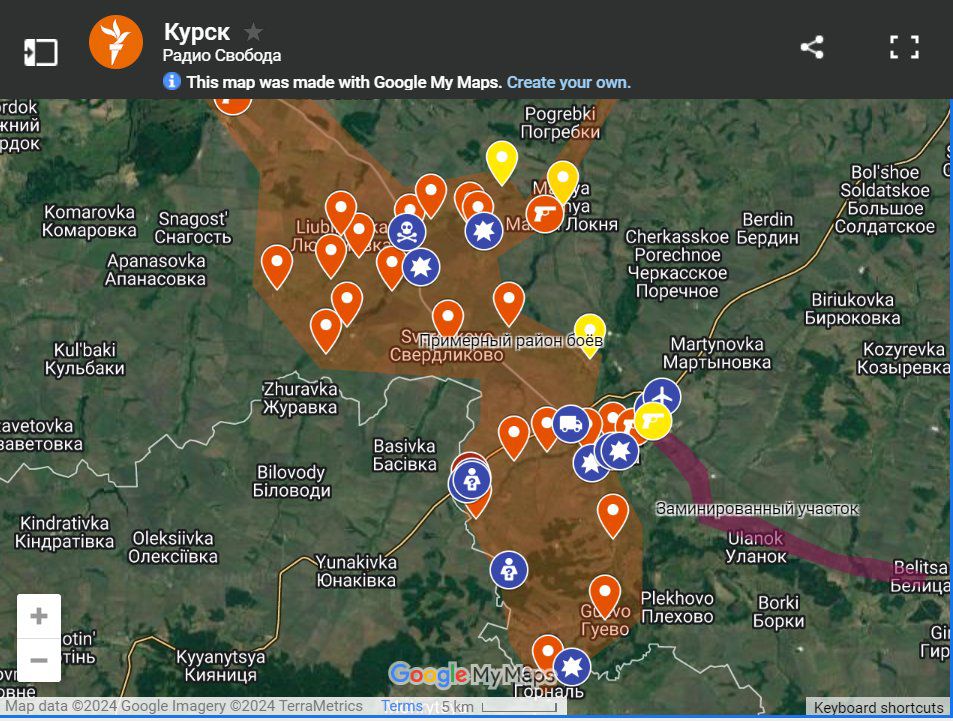 Vị trí các khu vực có sự hiện diện của quân đội Ukraine ở vùng Kursk của Nga. Ảnh: TWZ.