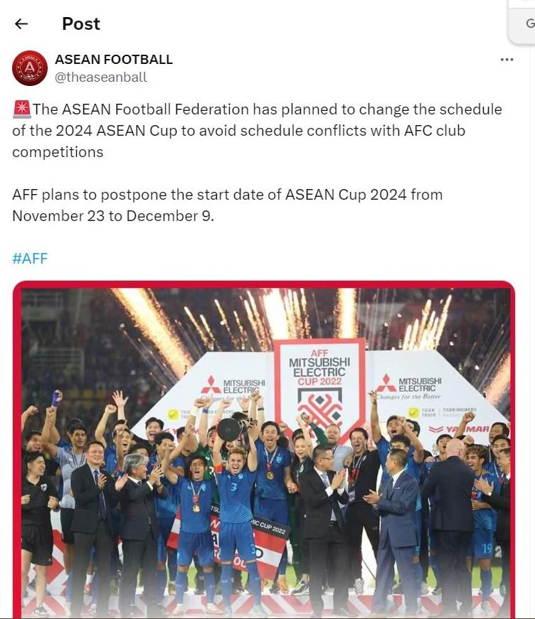 Trang xã hội của AFF đã đánh tiếng tổ chức này lên kế hoạch lùi giải AFF Cup 2024 nhưng LĐBĐ quốc gia thành viên thì chưa có thông tin chính thức.