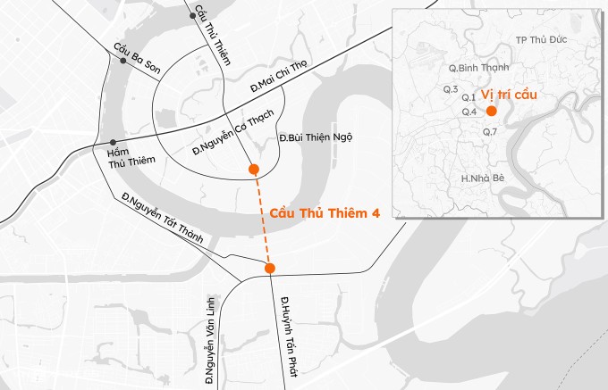 Vị trí dự kiến xây dựng cầu Thủ Thiêm 4. Đồ hoạ: Khánh Hoàng