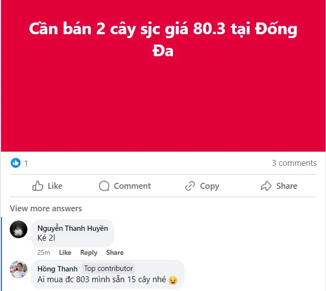 Những lời rao bán vàng miếng SJC như thế này vô cùng phổ biến trên các hội nhóm trực tuyến với hàng chục ngàn thành viên. Ảnh: Ngọc Diệp