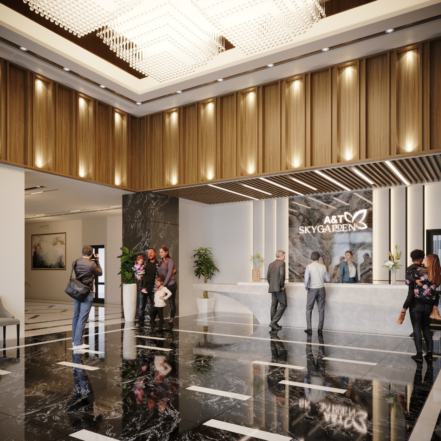 Cư dân A&amp;T Sky Garden hưởng thụ chuẩn sống sang trọng và hiện đại với sảnh đón thông 2 tầng có thêm 02 sảnh lounge đẳng cấp mà ít dự án nào có được.