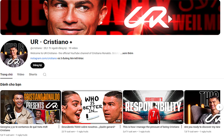 Kênh Youtube của Ronaldo vẫn không ngừng tăng trưởng lượt người theo dõi