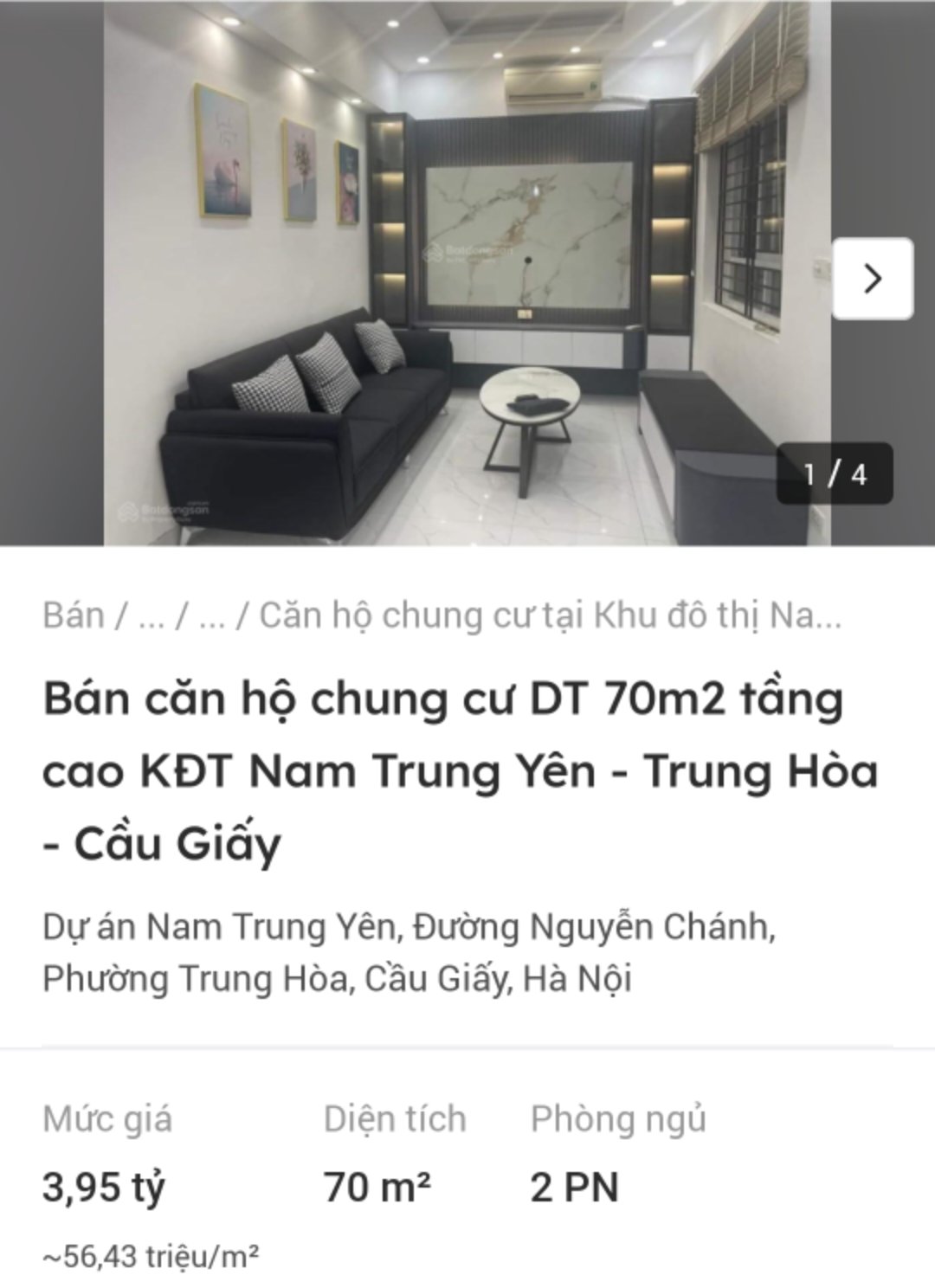 Căn chung cư tái định cư diện tích 70 m2 đang được rao bán 3,95 tỷ đồng