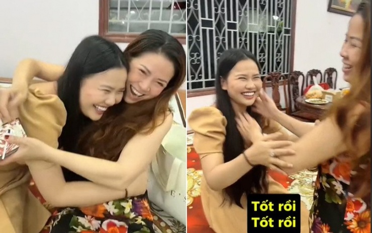 &nbsp;Mẹ chồng Mai (váy hoa) hò reo sung sướng khi biết con dâu mang thai. Ảnh cắt từ clip