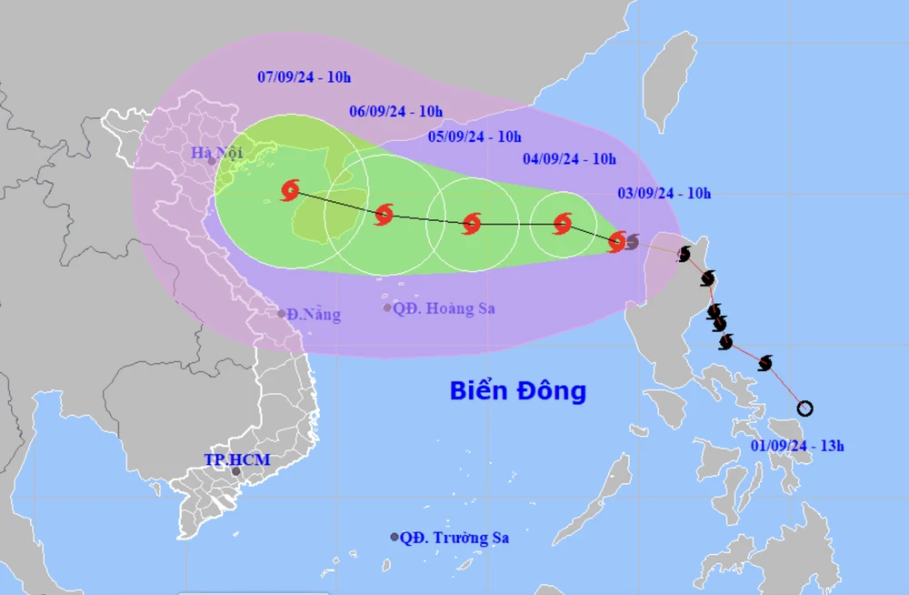 Dự báo vị trí và đường đi của bão số 3 những giờ tới. Ảnh: KTTVQG