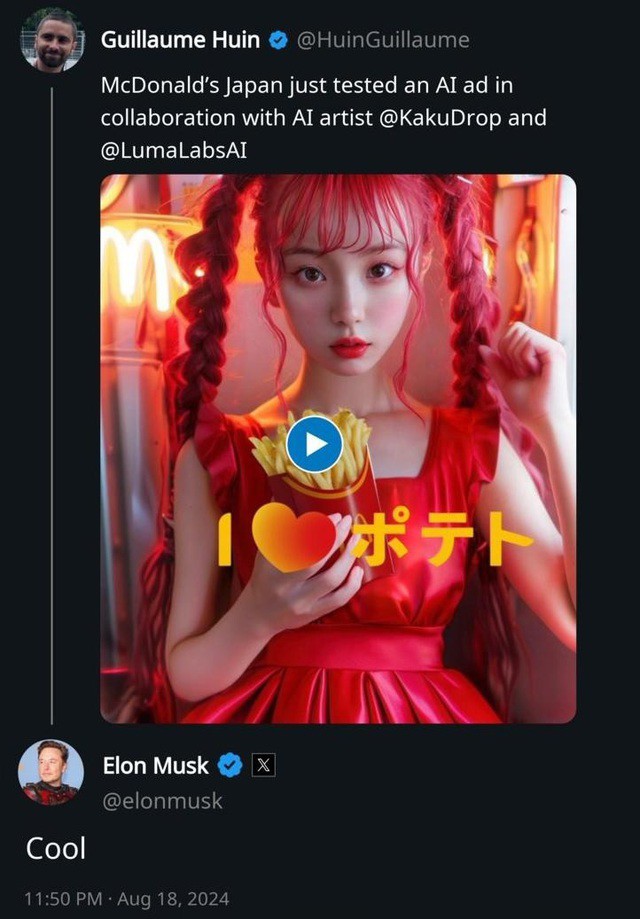 Sau khi xem quảng cáo, tỉ phú công nghệ Elon Musk khen ngợi: "Tuyệt vời". Ảnh: Sina