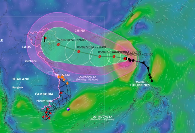 Dự báo hướng đi và vùng ảnh hưởng của bão Yagi, 19h ngày 3/9. Ảnh: Hệ thống giám sát thiên tai Việt Nam