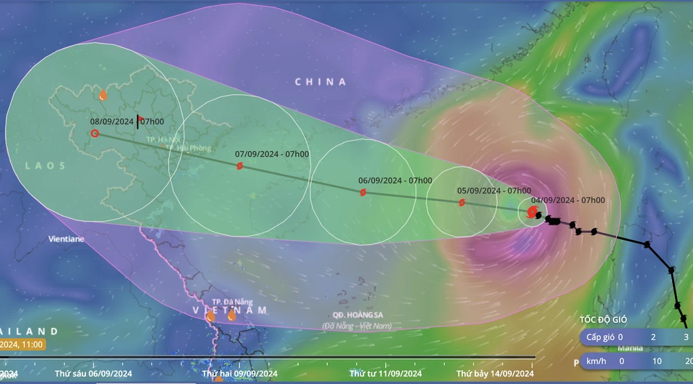 Dự báo về vị trí và đường đi của bão số 3. Ảnh: VNDMS