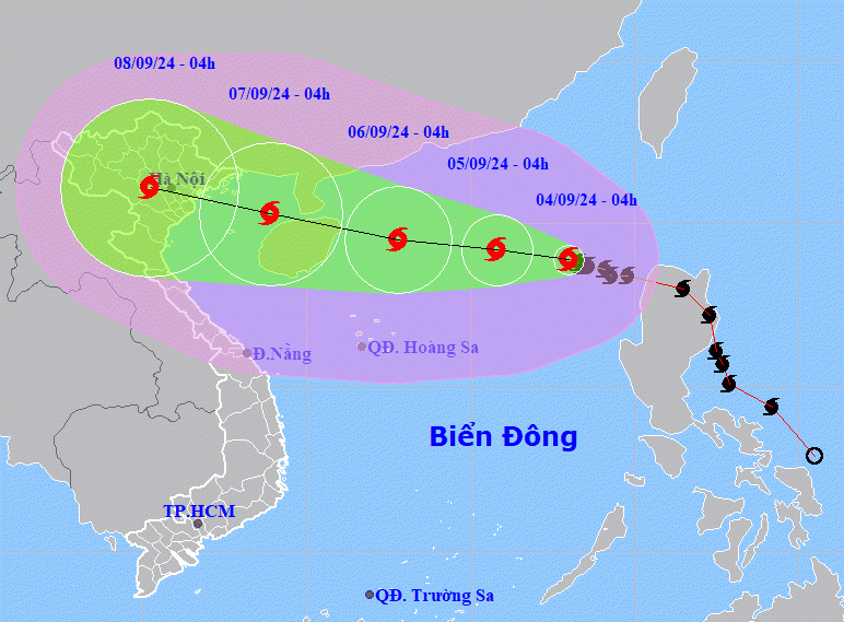 Dự báo về đường đi và vùng ảnh hưởng của bão YAGI. Nguồn: Trung tâm Dự báo Khí tượng Thuỷ văn Quốc gia.