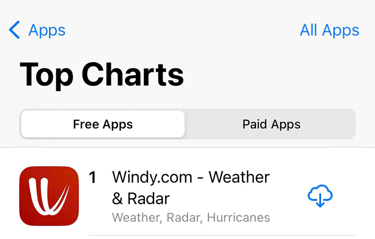 Ứng dụng theo dõi thời tiết Windy chiếm vị trí đầu bảng xếp hạng trên Apple App Store.