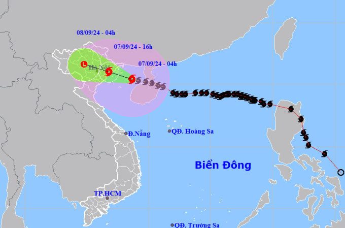 Dự báo đường đi và khu vực ảnh hưởng của bão Yagi. Ảnh: NCHMF