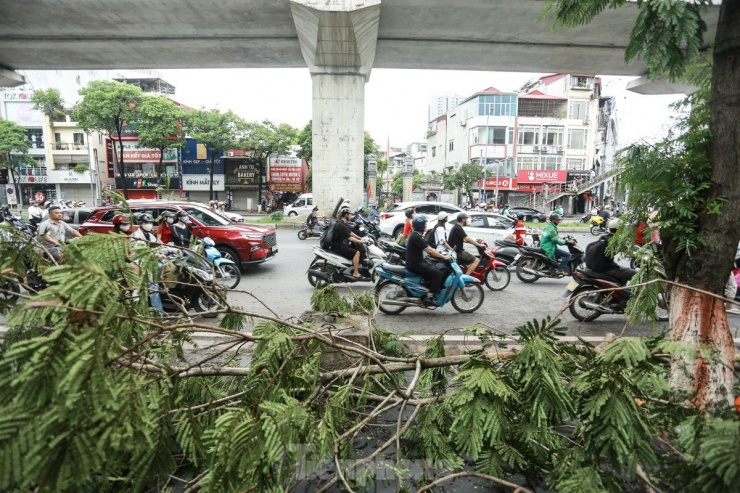 Ngày đi làm đầu tiên sau cơn bão số 3, nhiều tuyến đường tại Hà Nội vẫn còn ngổn ngang cây đổ, gây cản trở cho việc đi lại của người dân.