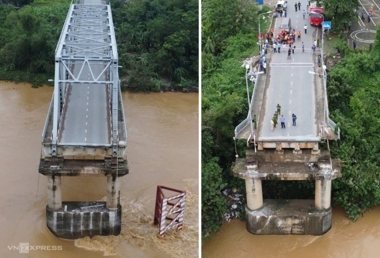 Cầu sập hai nhịp chia cắt hai bờ sông: bên trái hình là nhịp cầu phía huyện Lâm Thao, bên phải ở huyện Tam Nông. Ảnh: Nguyễn Chương