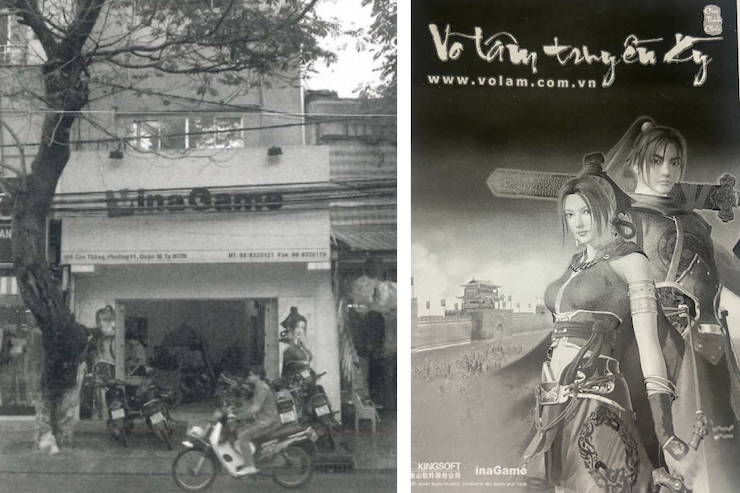 Văn phòng đầu tiên của VNG (ảnh trái) và poster game Võ Lâm Truyền Kỳ thành công bậc nhất lịch sử ngành game tại Việt Nam (ảnh phải).