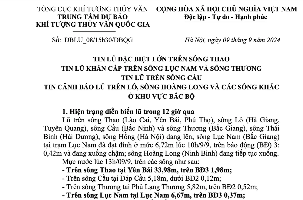 Chiều 9-9, Trung tâm Dự báo Khí tượng thuỷ văn quốc gia phát bản tin lũ đặc biệt lớn trên sông Thao.