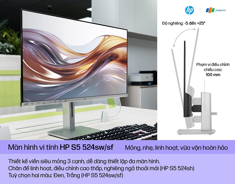 Màn hình vi tính HP S5 524sf/HP S5 524sw FHD Monitor với thiết kế mỏng nhẹ và sang trọng, có hai màu sắc đen và trắng cho bạn lựa chọn