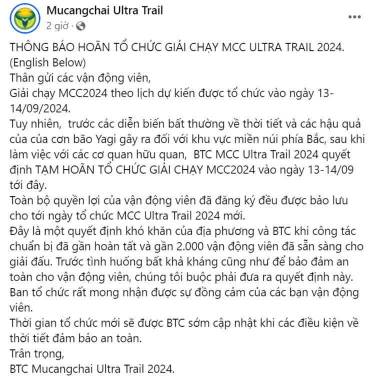 Thông báo của ban tổ chức Muchangchai Ultra Trail 2024 về việc phải hoãn giải vì sự an toàn&nbsp;của các VĐV