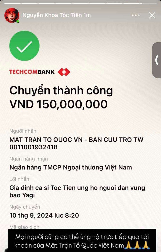 Ca sĩ Tóc Tiên ủng hộ 150 triệu và hướng dẫn mọi người cách ủng hộ tới bà con vùng bão lũ.