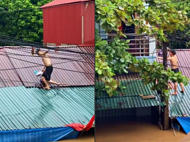 Thanh niên Yên Bái tháo vách, trèo mái nhà đưa thực phẩm cho hàng xóm chống lũ