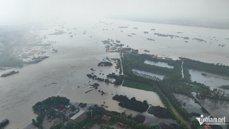 Cũng là sông Hồng nhưng ở đoạn giao với sông Lô (Việt Trì, Phú Thọ) lúc 14h ngày 10/9. Từ trên cao có thể thấy không còn chỗ nào cạn ở các đoạn tiếp giáp với bờ sông. Ảnh: Hoàng Hà