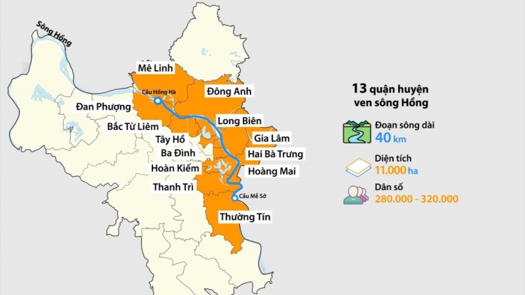 Các quận, huyện bị ngập, lụt khi lũ sông Hồng dâng. Đồ họa: Bá Nam.