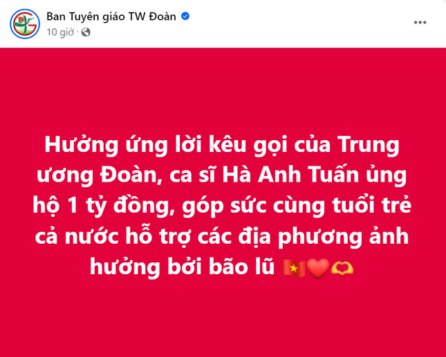 Chiều 10/9, ca sĩ Hà Anh Tuấn hưởng ứng lời kêu gọi của Trung ương Đoàn TNCS Hồ Chí Minh, chung tay hỗ trợ 1 tỷ đồng cho các địa phương ảnh hưởng bị bão lũ.