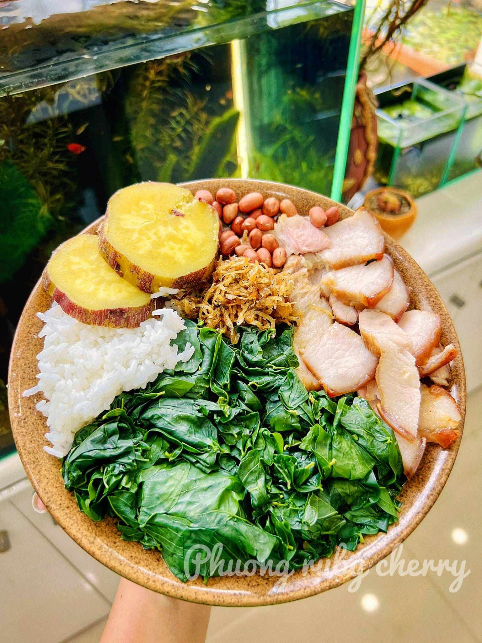 Thịt nướng, rau ngót, cá cơm rim, lạc rang, 2 lát khoai nhỏ và 1 thìa cơm