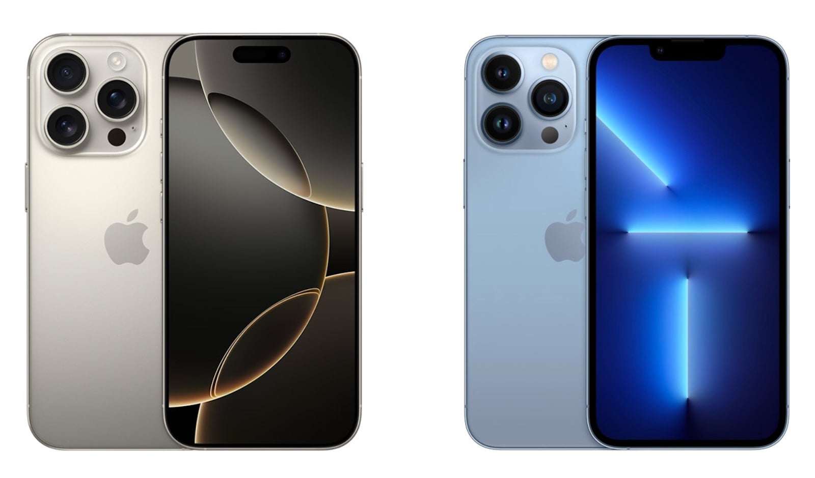 iPhone 16 Pro (left) and iPhone 13 Pro (right).