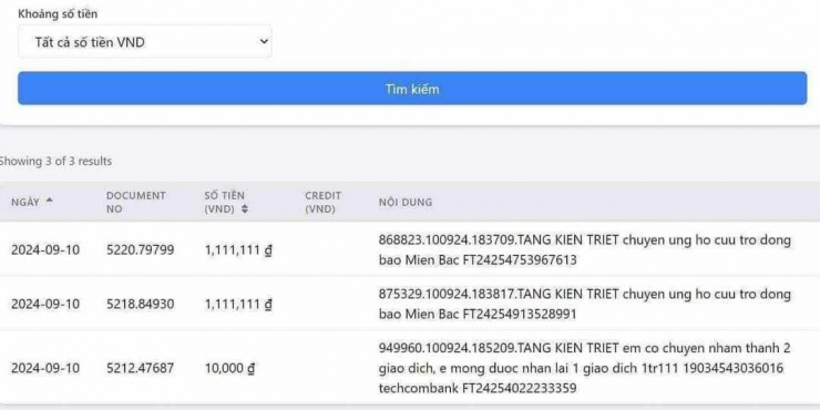 Phần sao kê 3 lần chuyển khoản của Tăng Kiến Triết