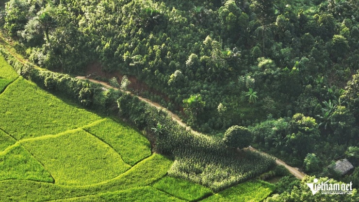 Còn đường bê tông vào khu tái định cư nhìn từ trên cao. Ảnh: Thạch Thảo