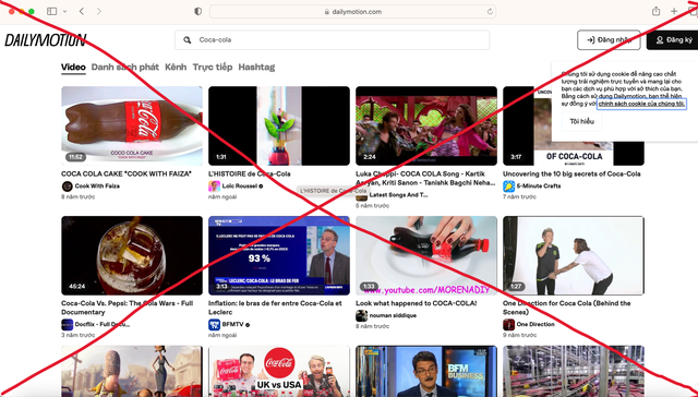 Quảng cáo nước giải khát Coca-Cola trên Dailymotion.com vi phạm pháp luật Việt Nam