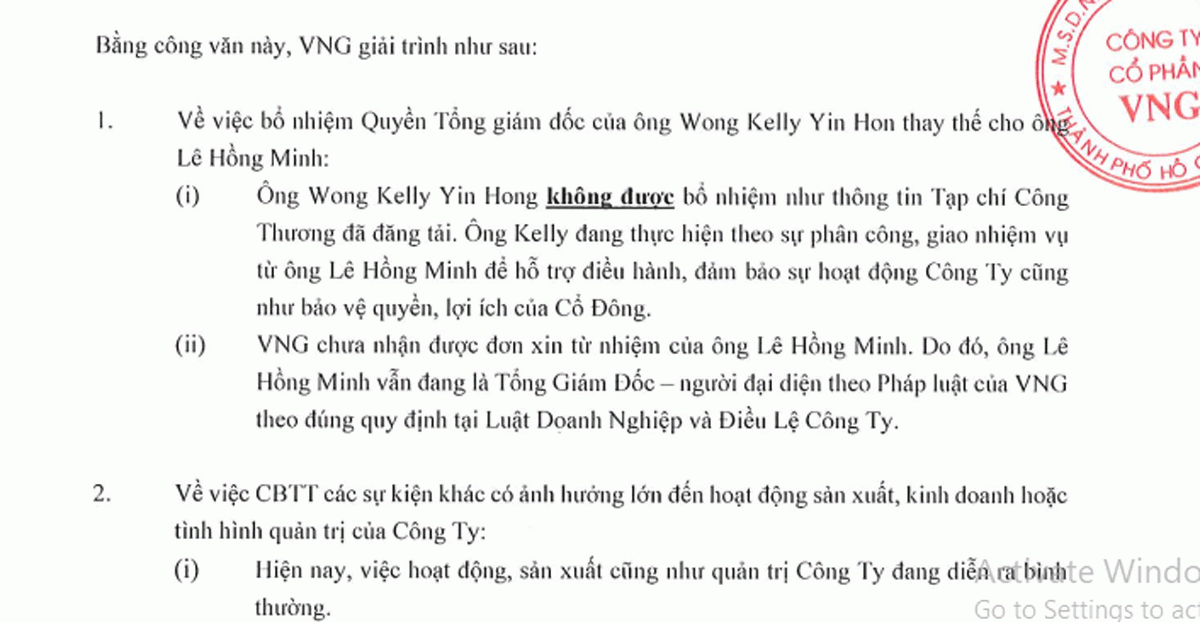 Văn bản của VNG khẳng định ông Lê Hồng Minh vẫn là tổng giám đốc tập đoàn.