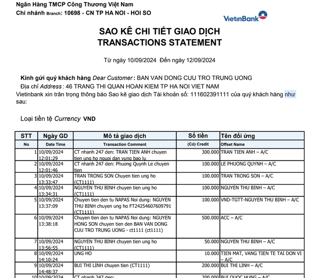 Công khai thêm 2.009 trang sao kê số tiền ủng hộ đồng bào vùng bão lũ qua số tài khoản Vietinbank