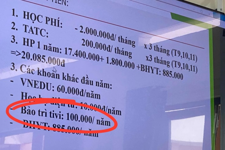 Tiền "bảo trì ti vi" được Trường TH-THCS-THPT Hồng Bàng thông báo thu 100.000 đồng/học sinh. Ảnh: A.H