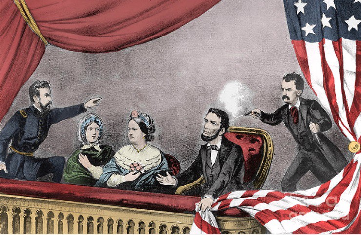 Tranh vẽ John Wilkes Booth (ngoài cùng bên phải) cầm súng bắn Tổng thống Mỹ Abraham Lincoln ở cự ly gần. 