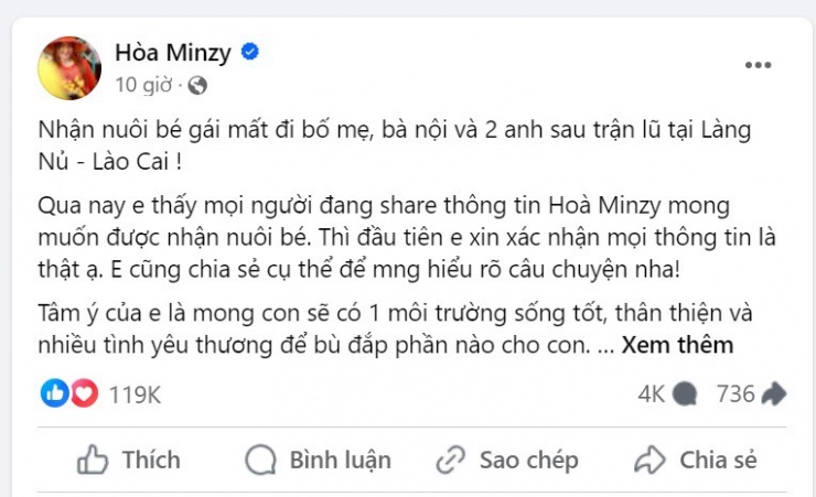 Ca sĩ Hòa Minzy xác nhận mong muốn được nhận nuôi bé gái Làng Nủ.