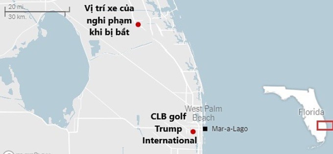 Vị trí câu lạc bộ golf của ông Trump và vị trí xe của nghi phạm khi bị bắt. Đồ họa: Mapbox