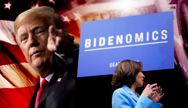 Ông Donald Trump chĩa mũi dùi vào việc bà Kamala Harris ủng hộ chính sách Bidenomics của Tổng thống Joe Biden, một chính sách mà ông cho rằng kém hiệu quả. Ảnh: Washington Examiner.