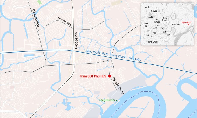 Vị trí trạm BOT Phú Hữu ở TP Thủ Đức. Đồ họa: Đăng Hiếu